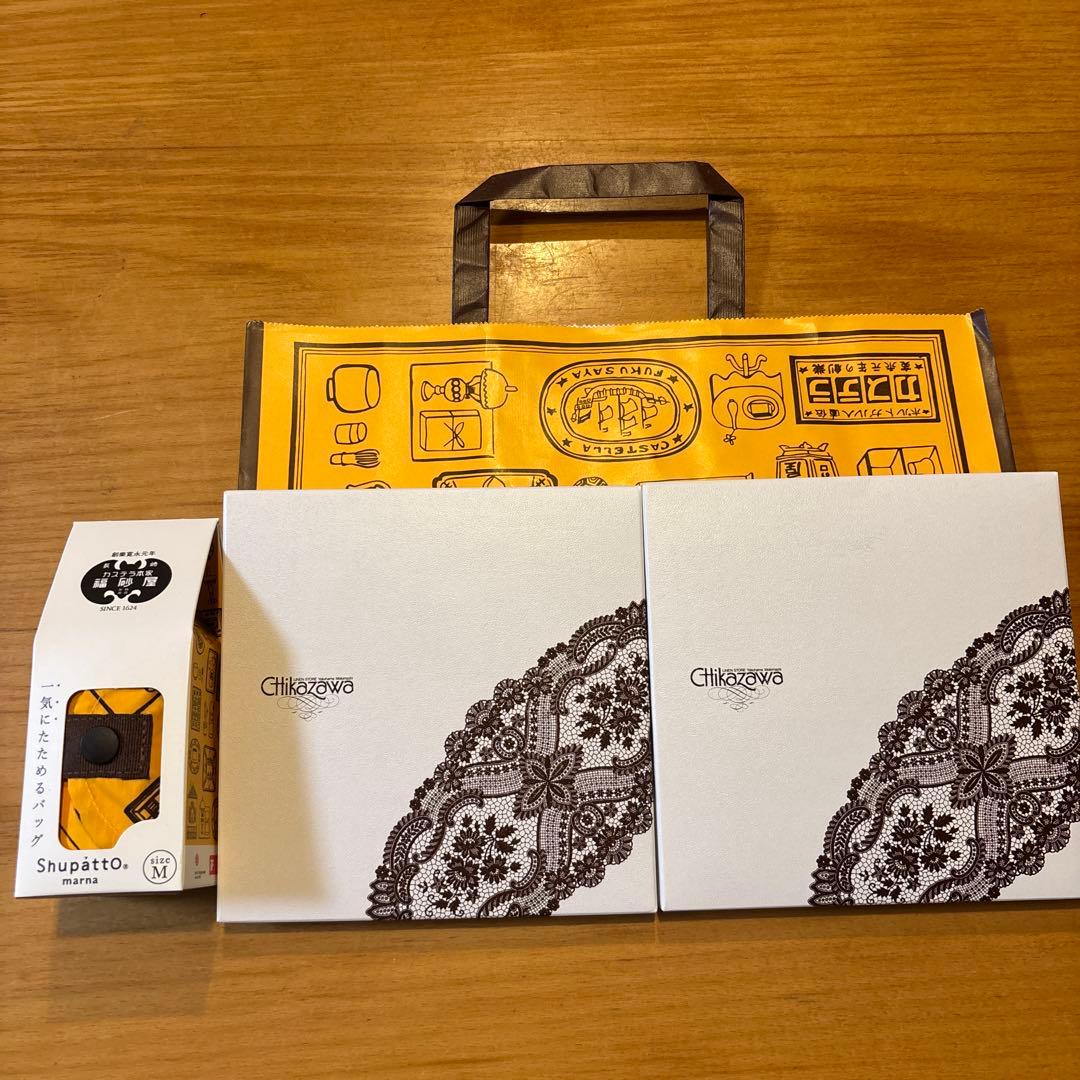 値下げ福砂屋シュパットコラボエコバッグ と近沢レース店コラボハンカチ茶色黄色3点