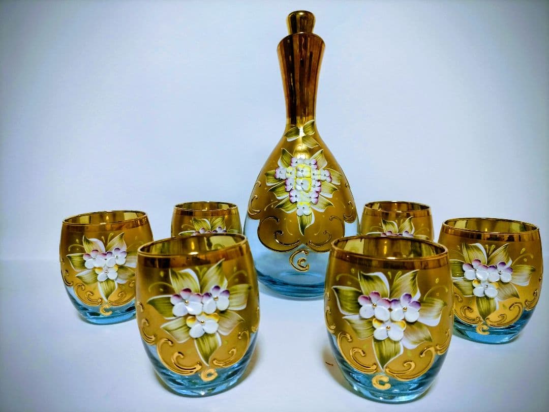 イタリアムラーノ•ベネチアングラスミラートレイ＆ベネチアングラス*水差しセット！