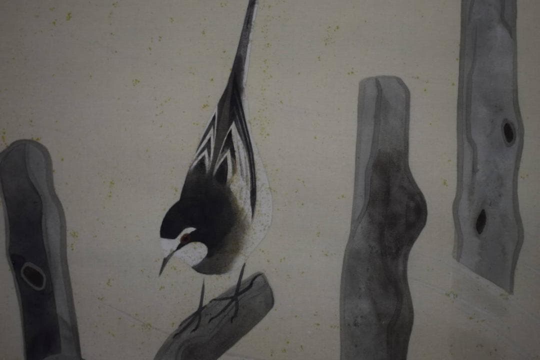 真作/鈴木欣二/涼流小禽図/桐共二重箱付/布袋屋掛軸HI-99