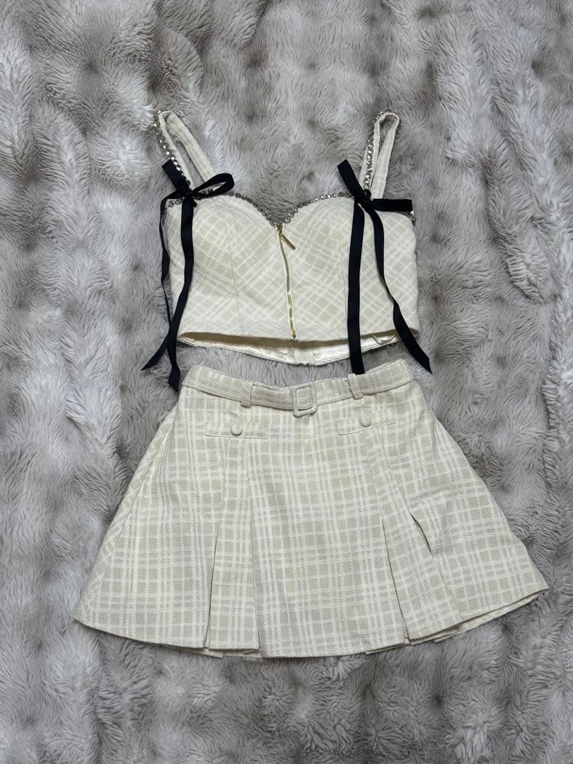 アイボリー チェック柄 ミニドレス