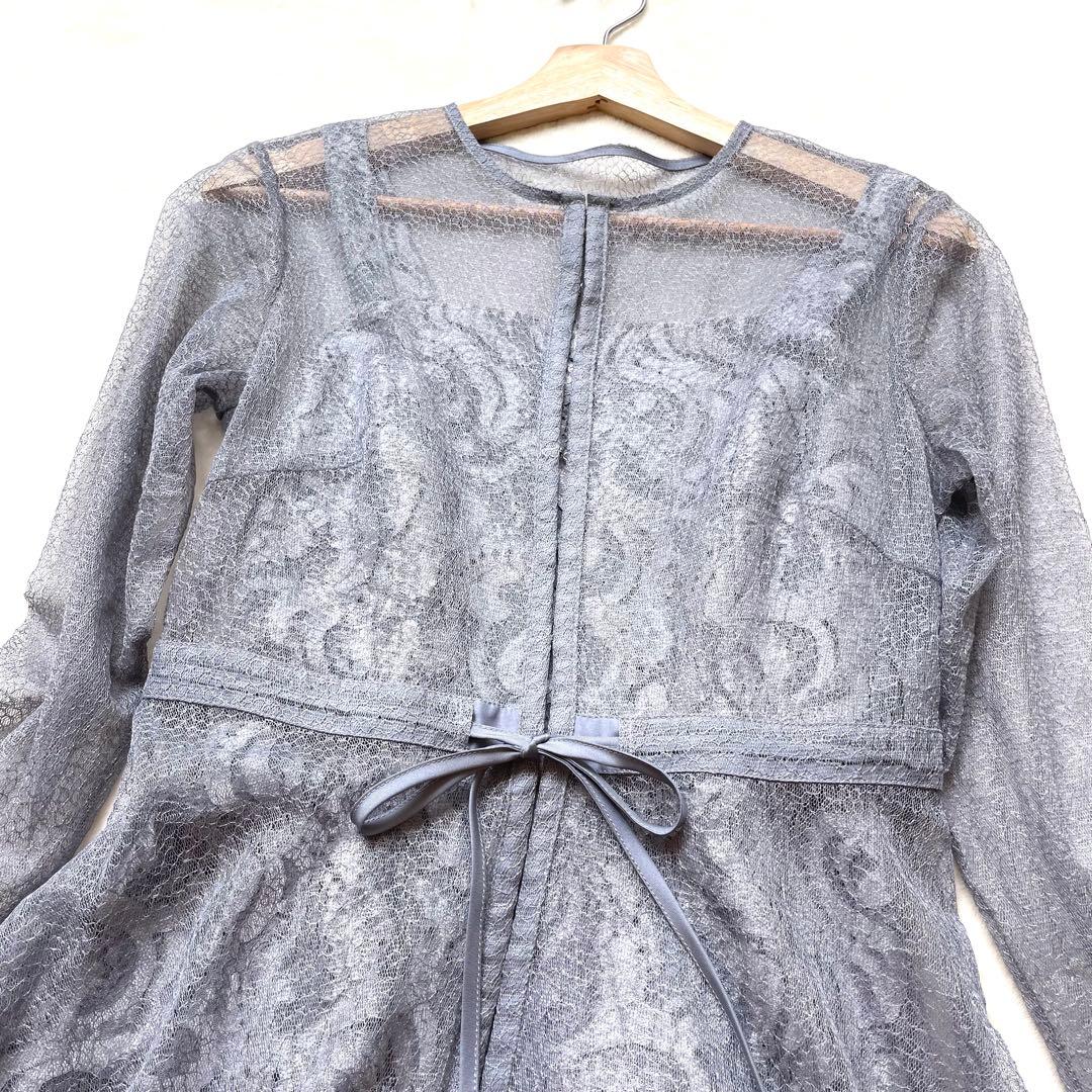 極美品 etoll. エトル 幾何学チュール ロングワンピース M ブルーグレー