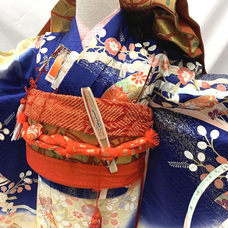 505ag17,赤いしごき■七五三 七歳 女児 着物&袋帯&長襦袢 扇 萩■