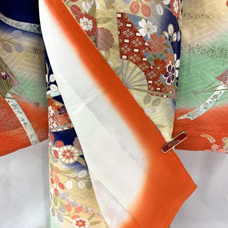 505ag17,赤いしごき■七五三 七歳 女児 着物&袋帯&長襦袢 扇 萩■