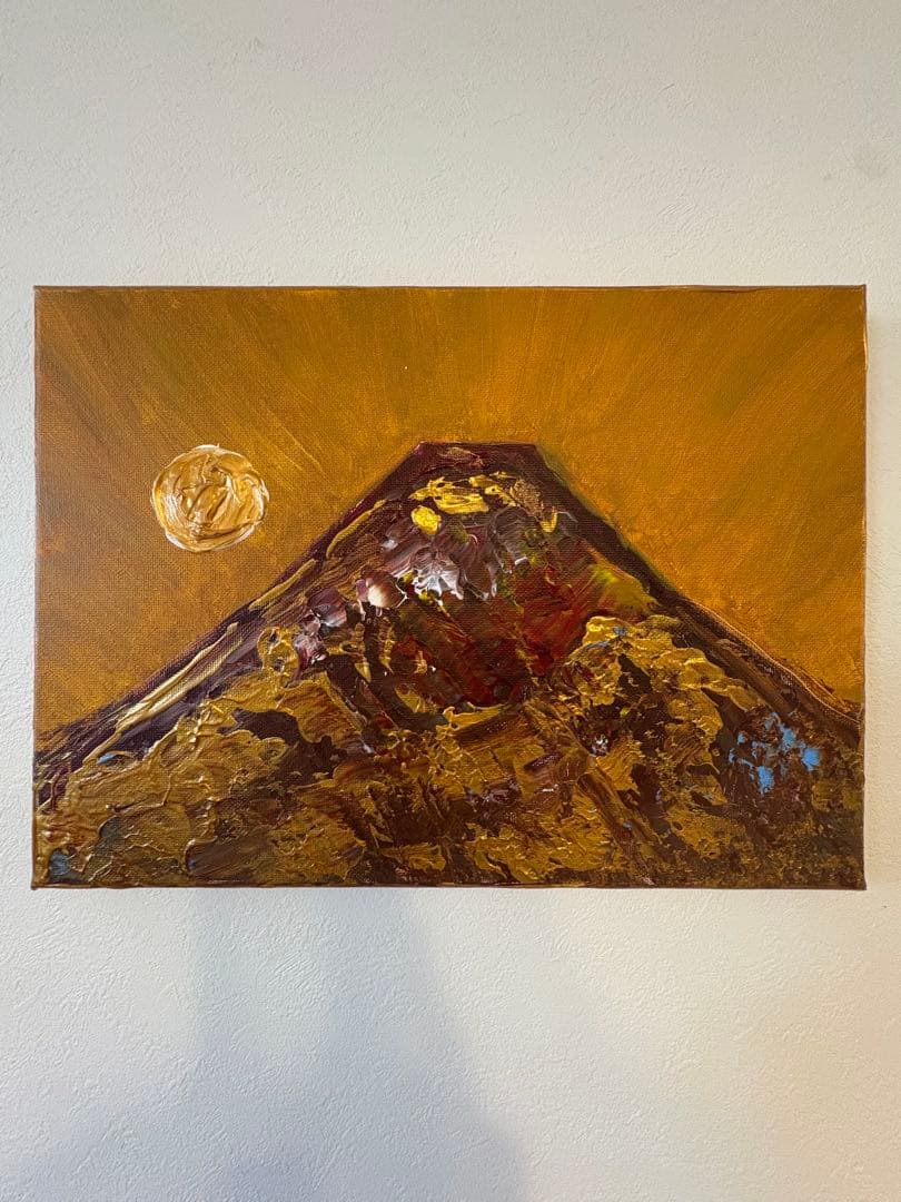 週末セール　赤富士山 鳳凰色　太陽　アクリル画 金色　風水　絵画　　f4
