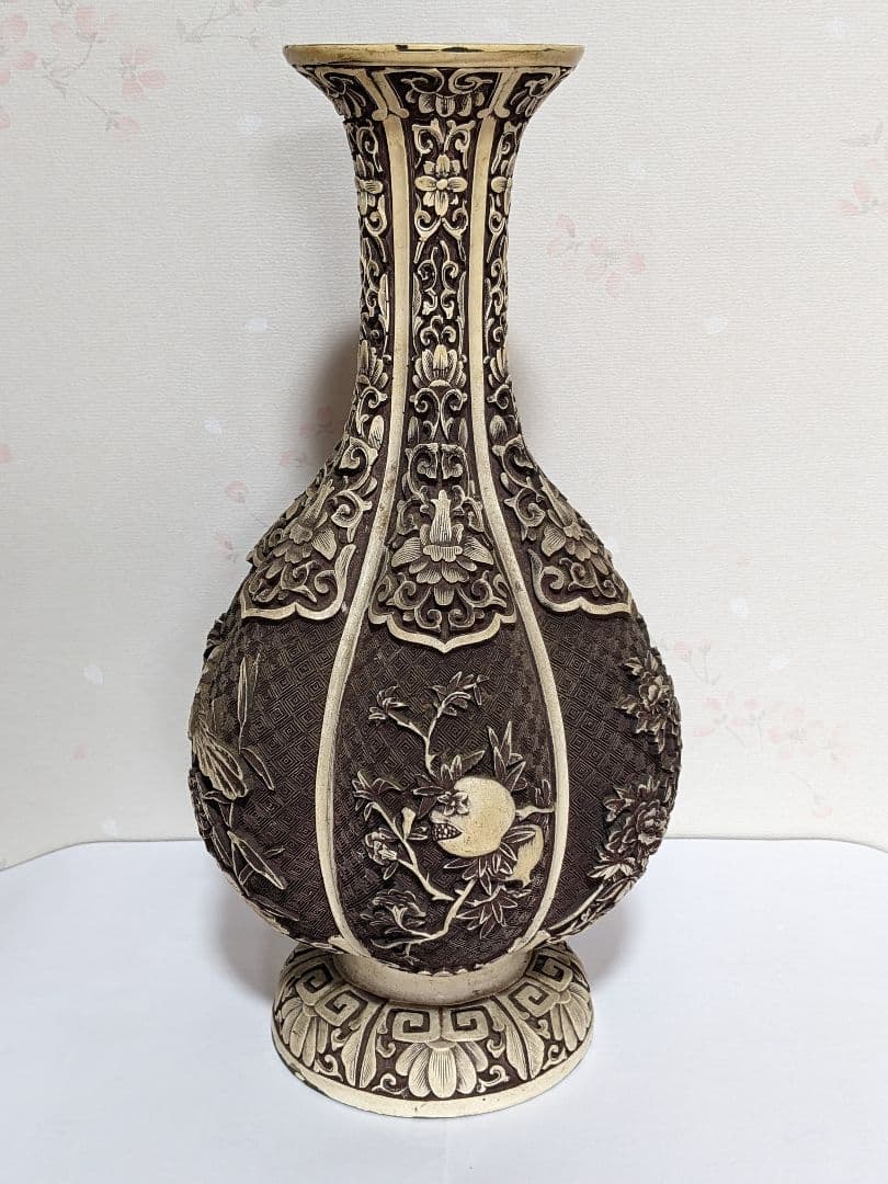 ♦ 中国美術工芸品 阿古陀形 四季花卉図文 瓶 置物飾り オブジェ 骨董品