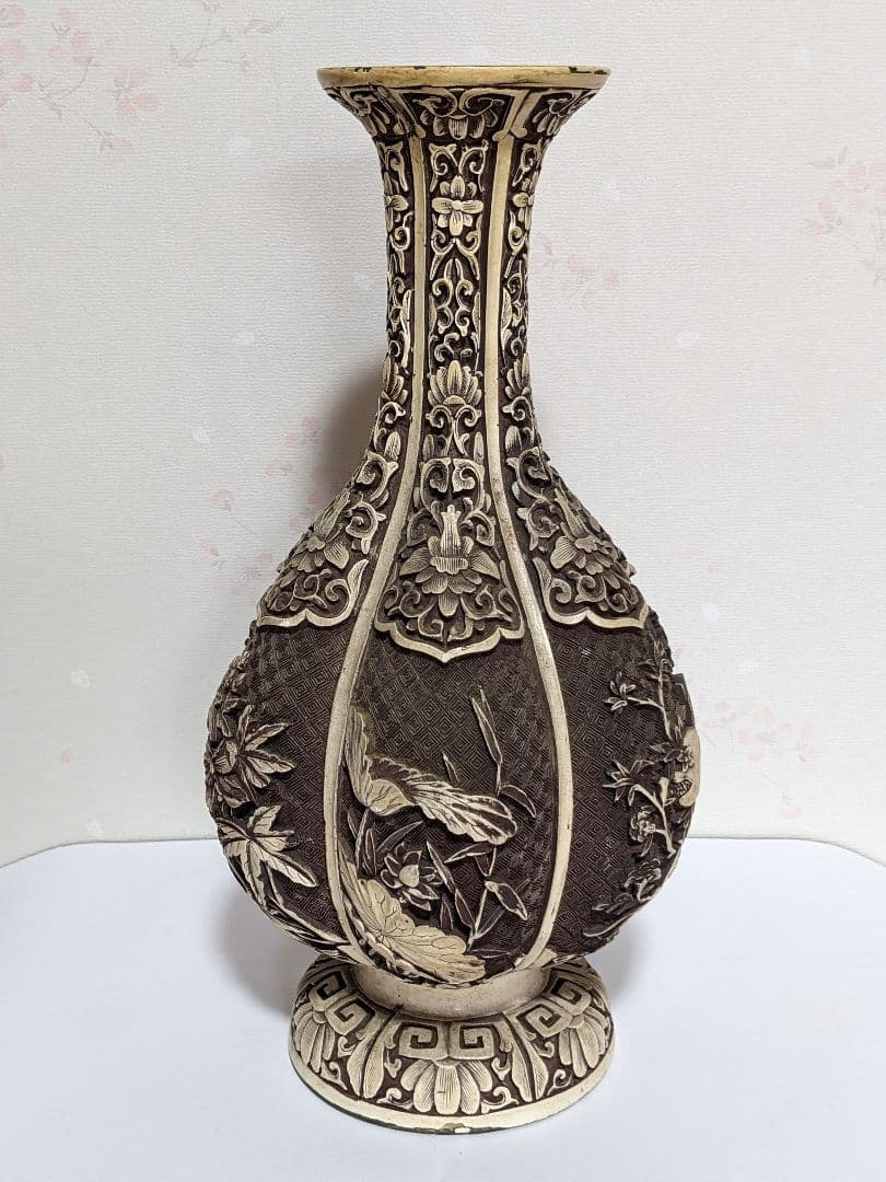 ♦ 中国美術工芸品 阿古陀形 四季花卉図文 瓶 置物飾り オブジェ 骨董品