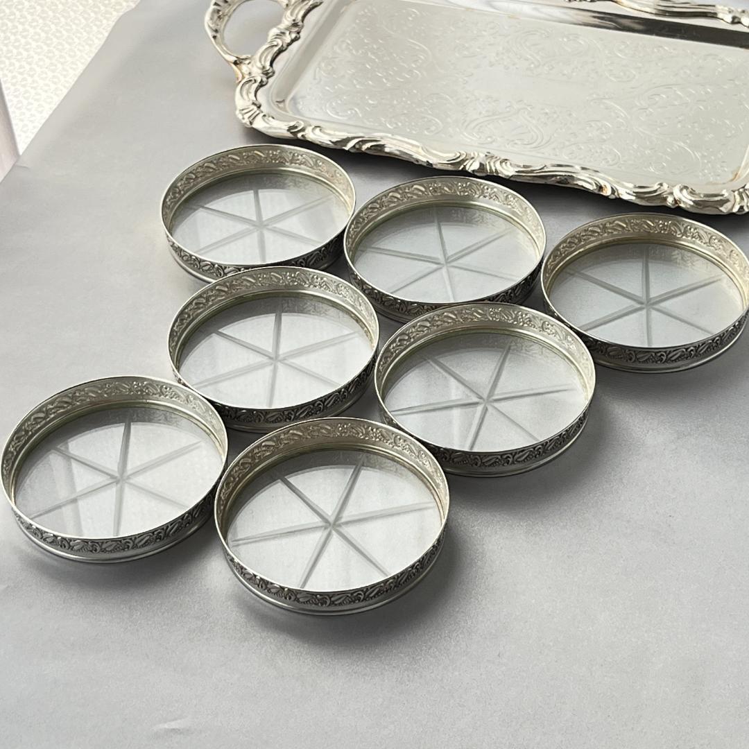 【Webster】 【純銀 / ガラス】レリーフのワイングラスコースター 8枚