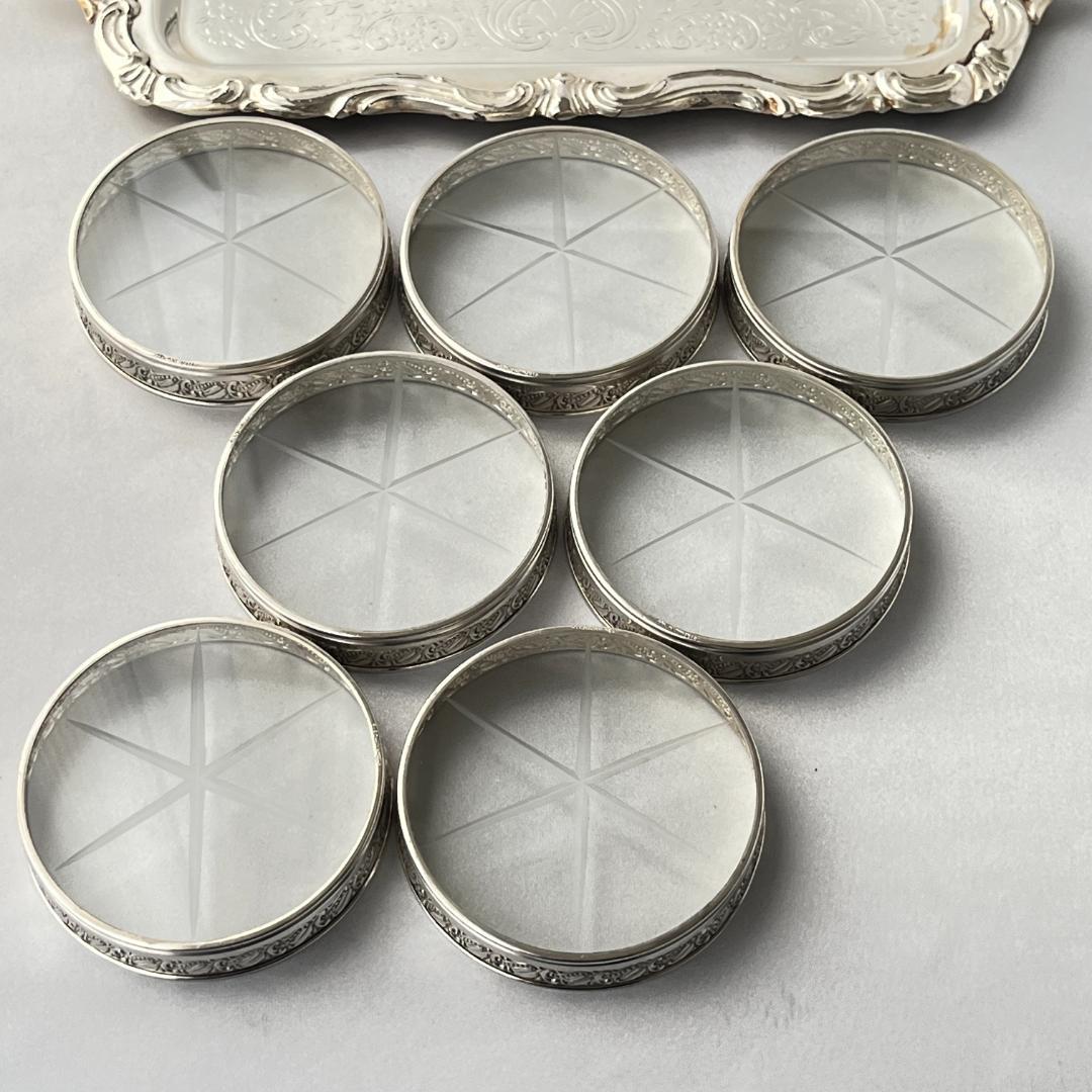 【Webster】 【純銀 / ガラス】レリーフのワイングラスコースター 8枚