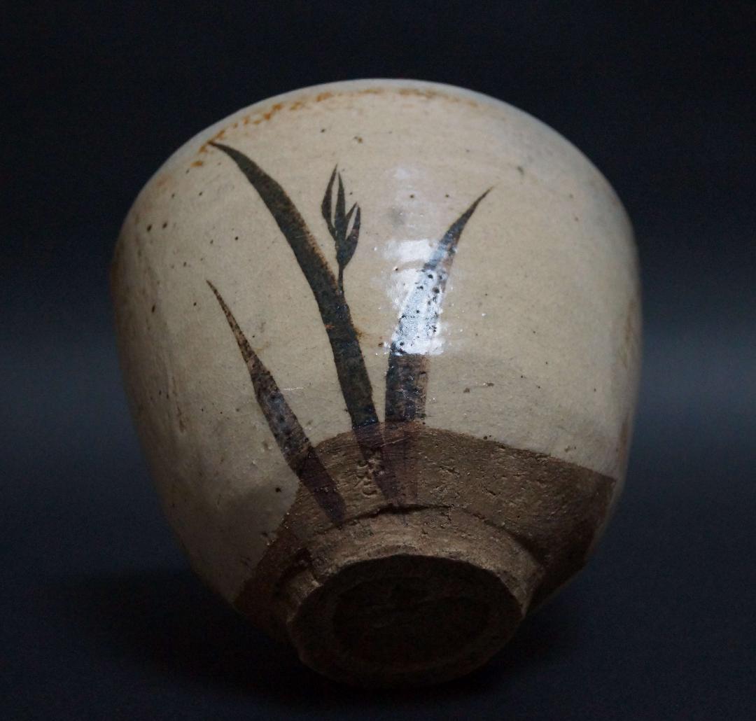 江戸期 古杉形茶碗 墨絵蘭文 在銘 池坊家元蔵共箱 茶道具★時代物★