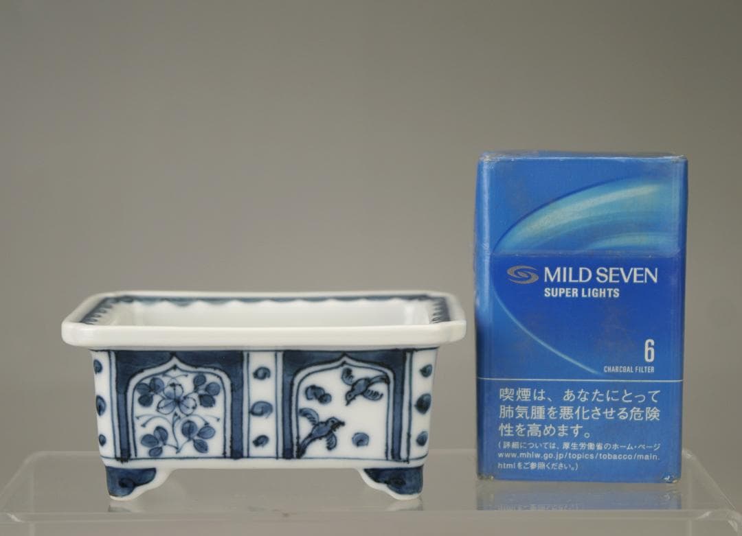 未使用！盆栽鉢 伊万定右衛門　 染付呉須花鳥図絵鉢　外縁隅入段足長方鉢 共箱布有