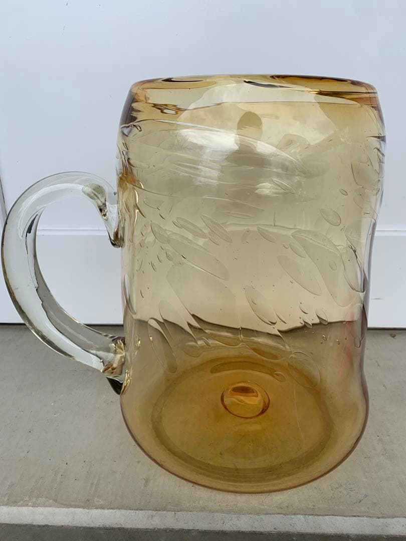 気泡ガラス　特大ビアジョッキ型　鉢　ガラスインテリア　花瓶　レトロ