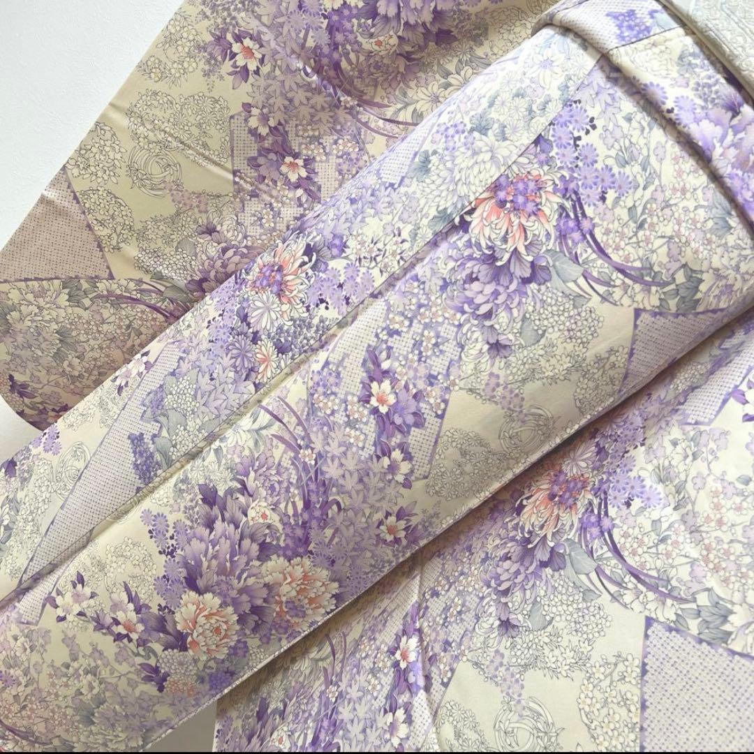 振袖フルセット 正絹 薄紫 白 オフホワイト 金彩 総柄 フェミニン