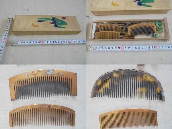 AKa6407　古い　櫛　笄　簪　緑のガラス玉？　セット　笄　玉真　銘入り有