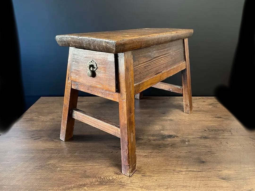 アンティーク 無垢材 引出し付　スツール　ベンチ　花台