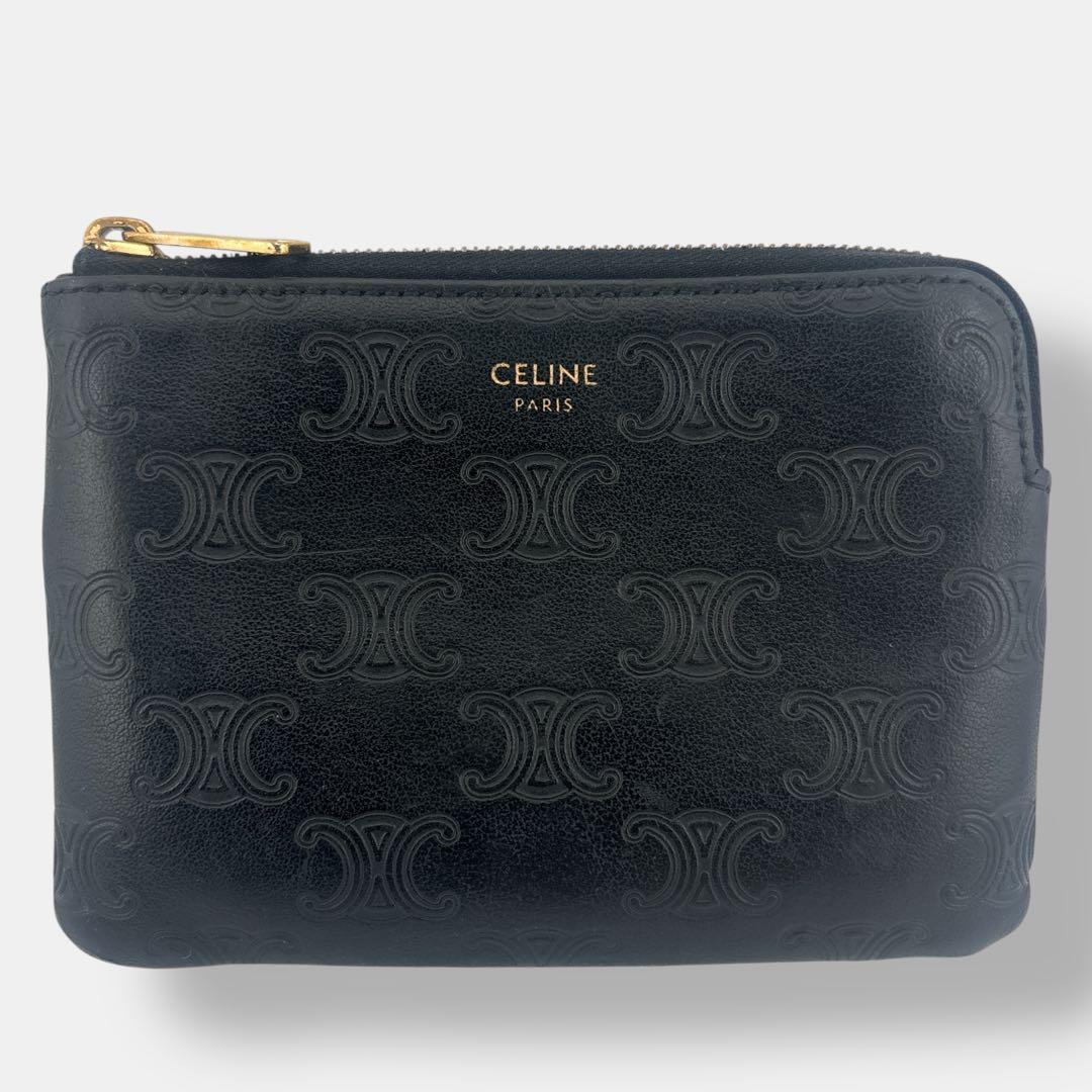 極美品 セリーヌ トリオンフ　フック付き ケース　総柄　ブラック レザー