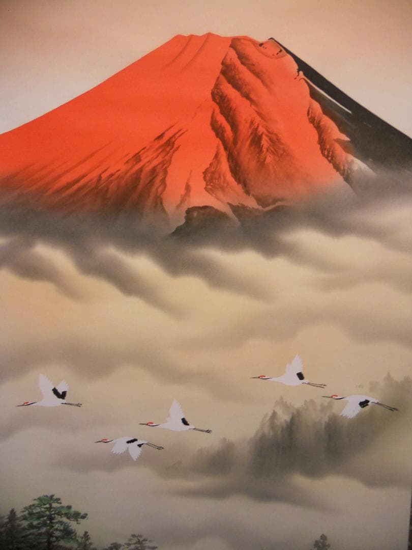 掛け軸 石田雪外 赤富士飛鶴 絹本 希少 軸装 茶道具 掛軸 美品 です。