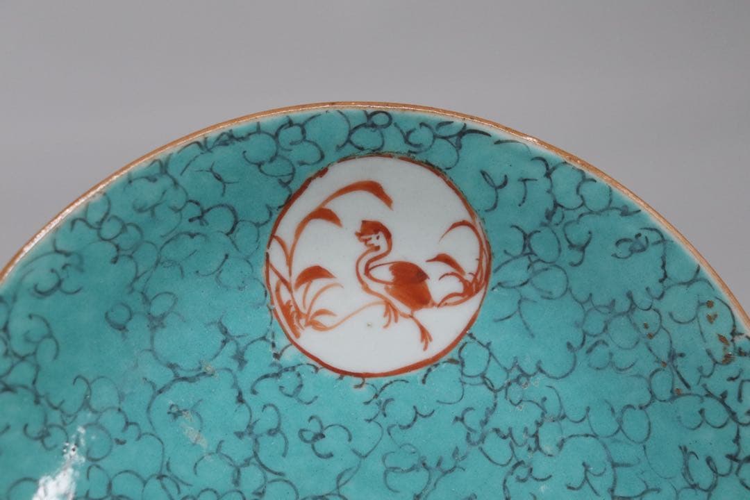 中国　清時代　大清嘉慶年製　松石緑釉皿　十錦手　送料込み1005