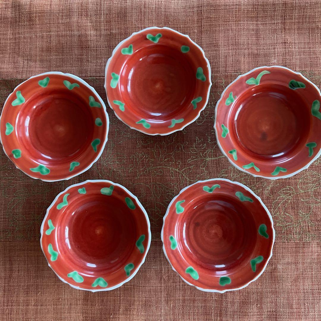 九谷焼　須田菁華　赤地緑彩　高台小鉢　5客揃い