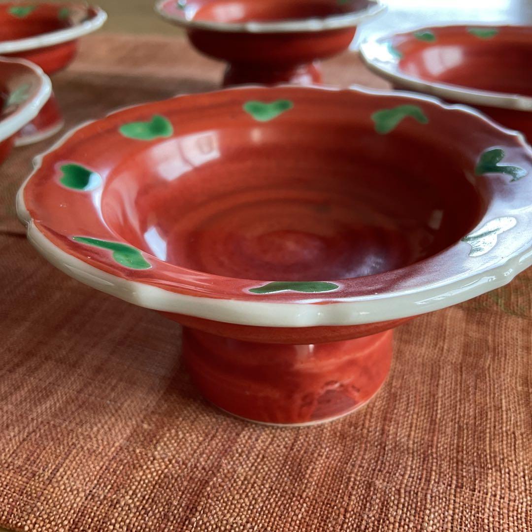 九谷焼　須田菁華　赤地緑彩　高台小鉢　5客揃い