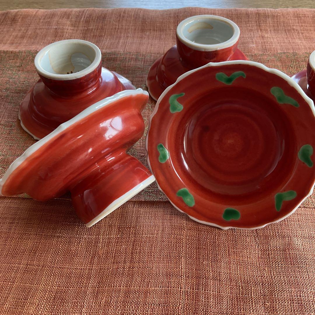 九谷焼　須田菁華　赤地緑彩　高台小鉢　5客揃い