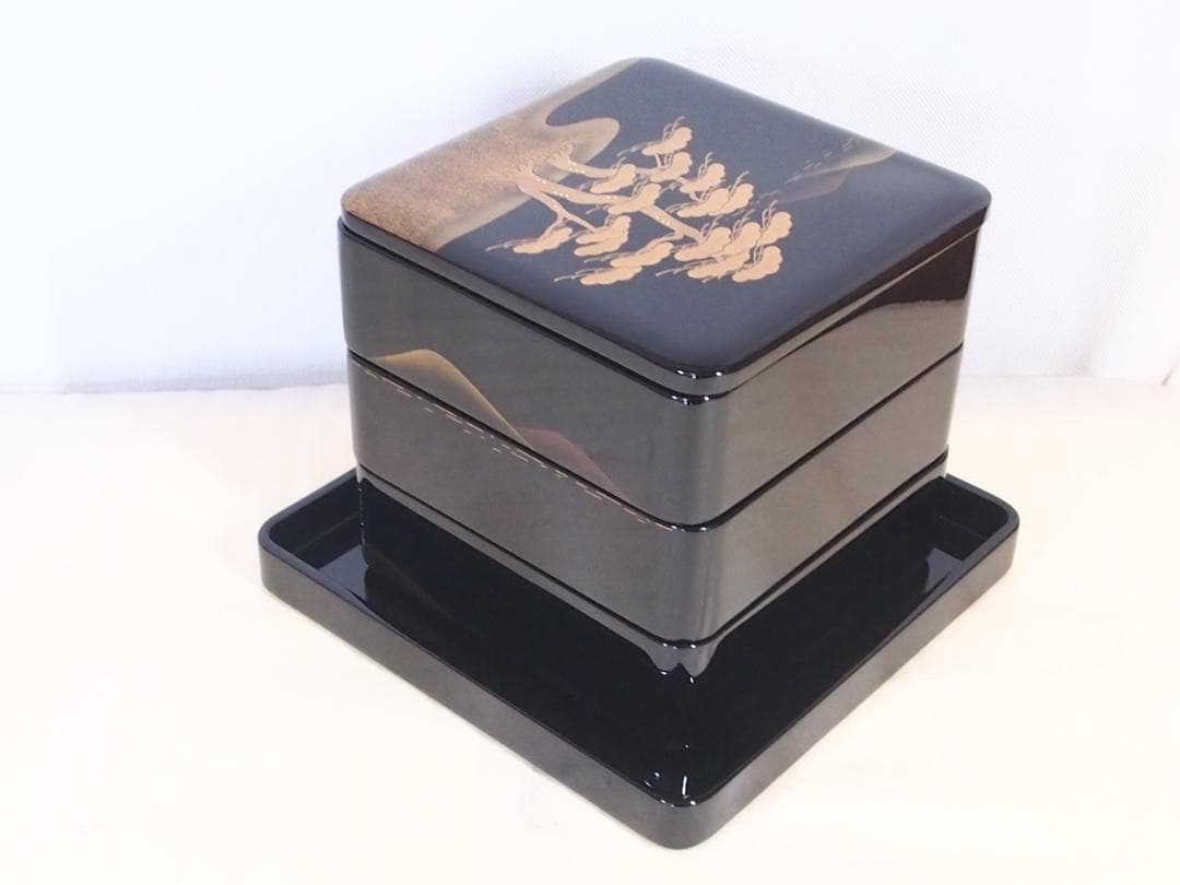【未使用】輪島塗 松島蒔絵 三段重箱 重台付き 老松/山水 お重/弁当箱 漆器