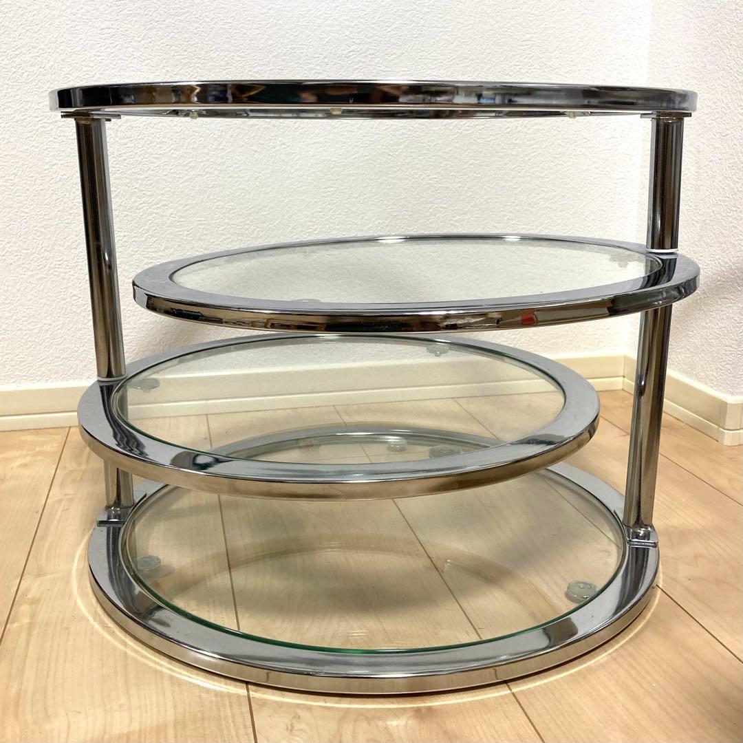 ミッドセンチュリー ラウンドテーブル 4段 丸型 北欧 ビンテージ 強化ガラス