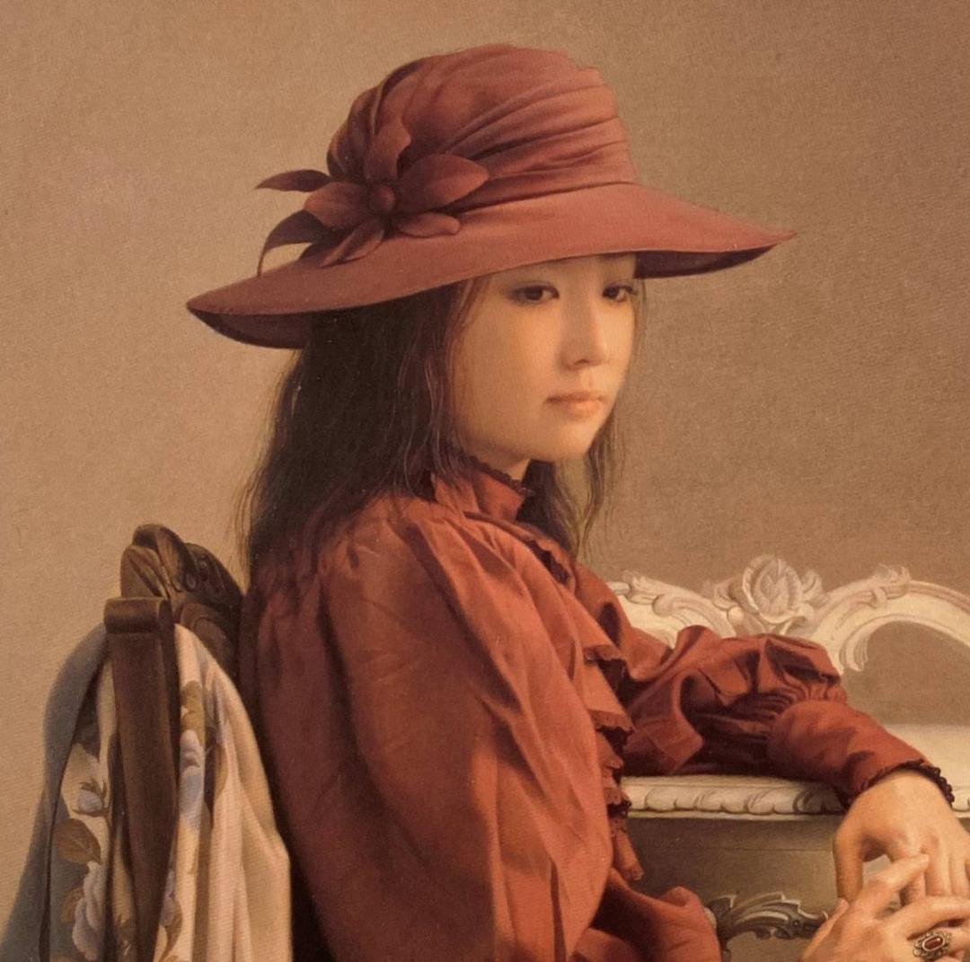 森本草介、【えんじ色の帽子】、希少な額装用画集画、新品高級額 額装付