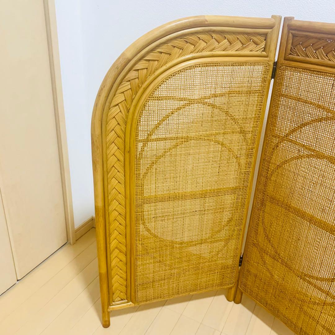 【希少】 籐 ラタン ロータイプ パーテーション 2連 折りたたみ 衝立 アーチ