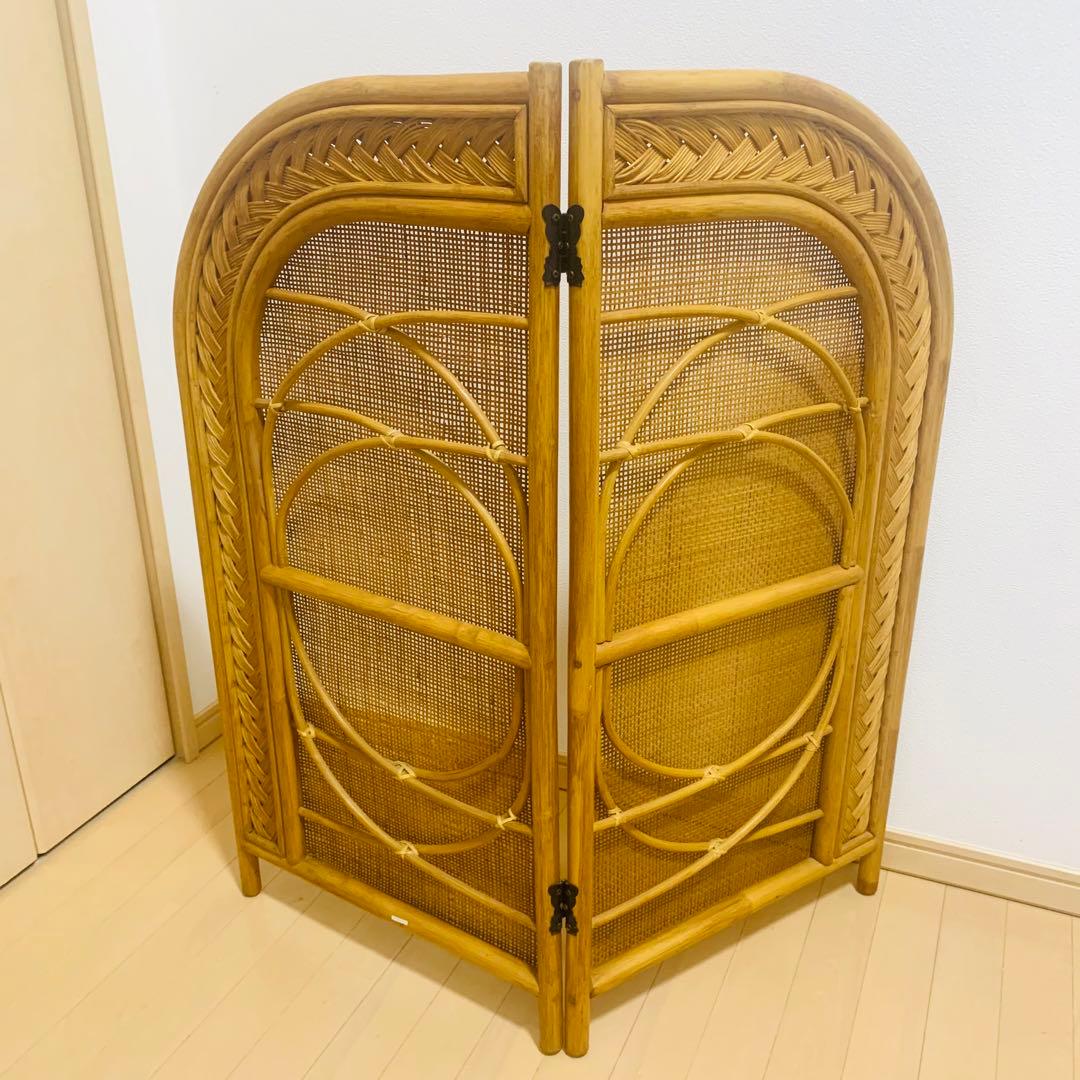 【希少】 籐 ラタン ロータイプ パーテーション 2連 折りたたみ 衝立 アーチ