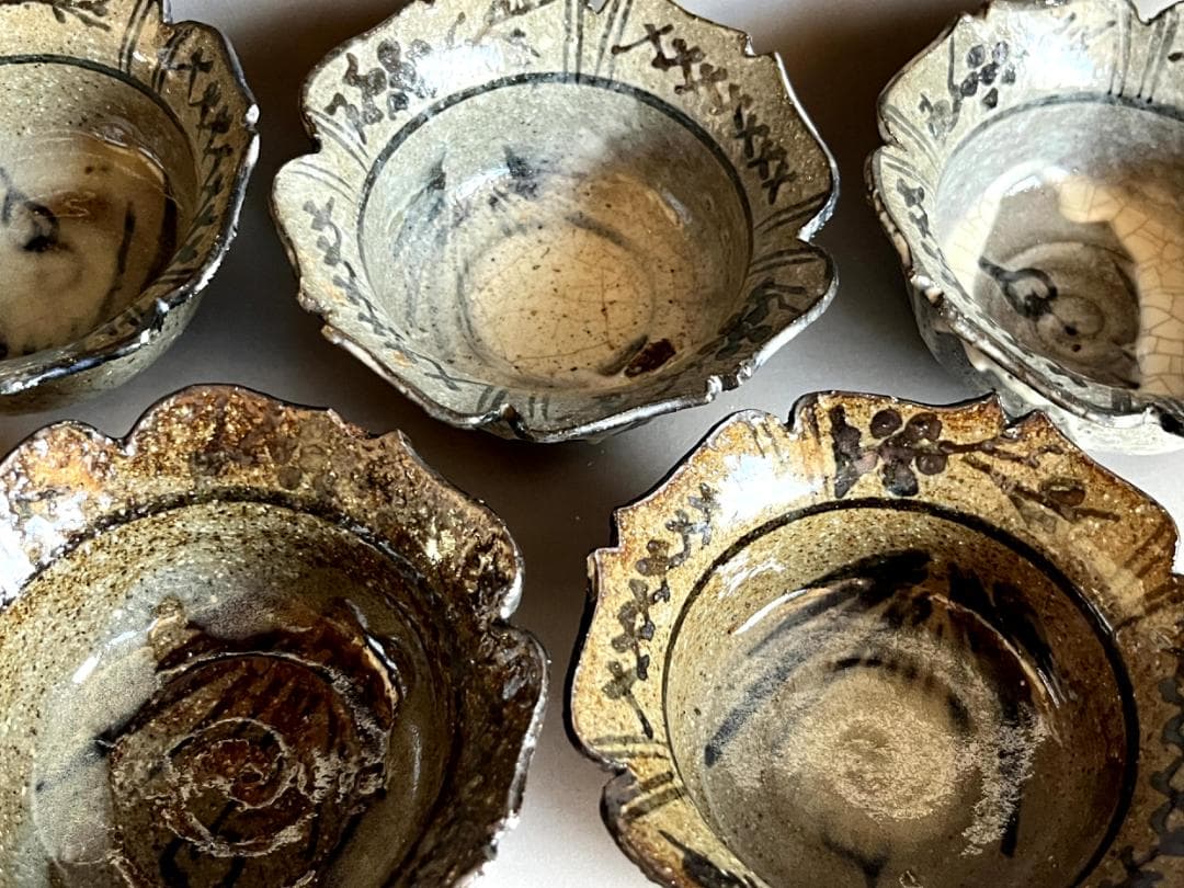 鉢■古唐津向付 5客 粉引絵唐津 菖蒲 花形 割山椒 古美術 時代物 骨董品■