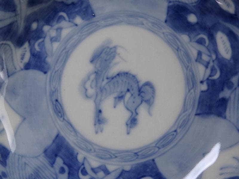 古伊万里　染付　巾着に宝尽くし　麒麟の図　膾皿　５客　129AS-CVv