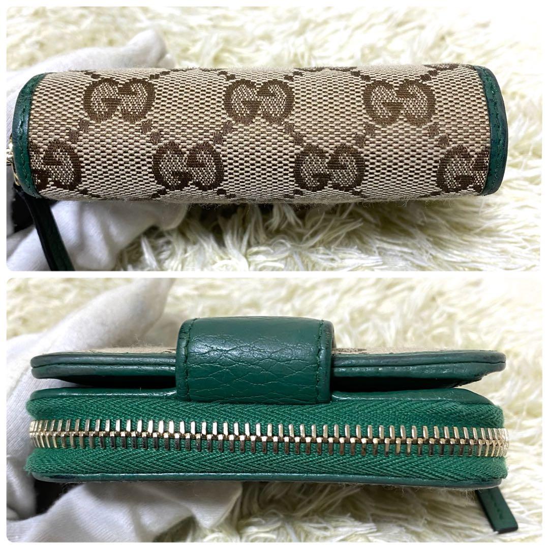 美品✨ GUCCI グッチ 折り財布 GGキャンバス ラウンドジップ グリーン