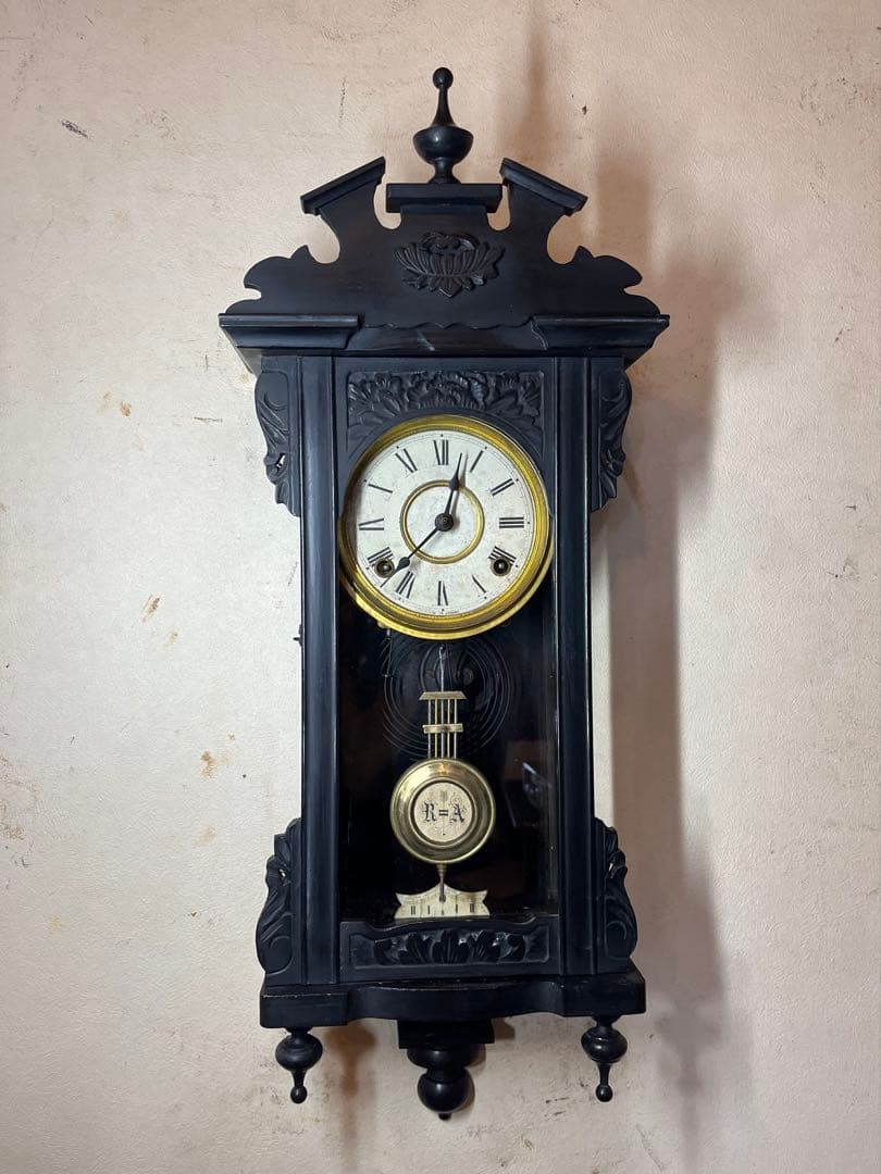 ミニチュア　黒塗スリゲル　柱時計　古時計　振り子　精工舎　ユンハンス　ゼンマイ