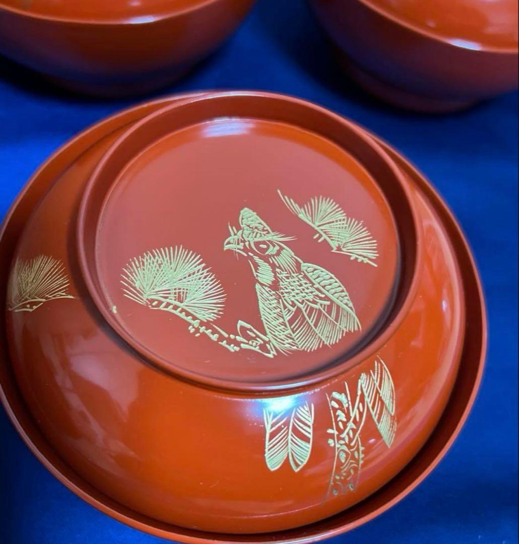 輪島塗　漆器　蓋付 吸物椀　沈金　朱塗　煮物　雑煮　8客　汁椀　鷹と松紋