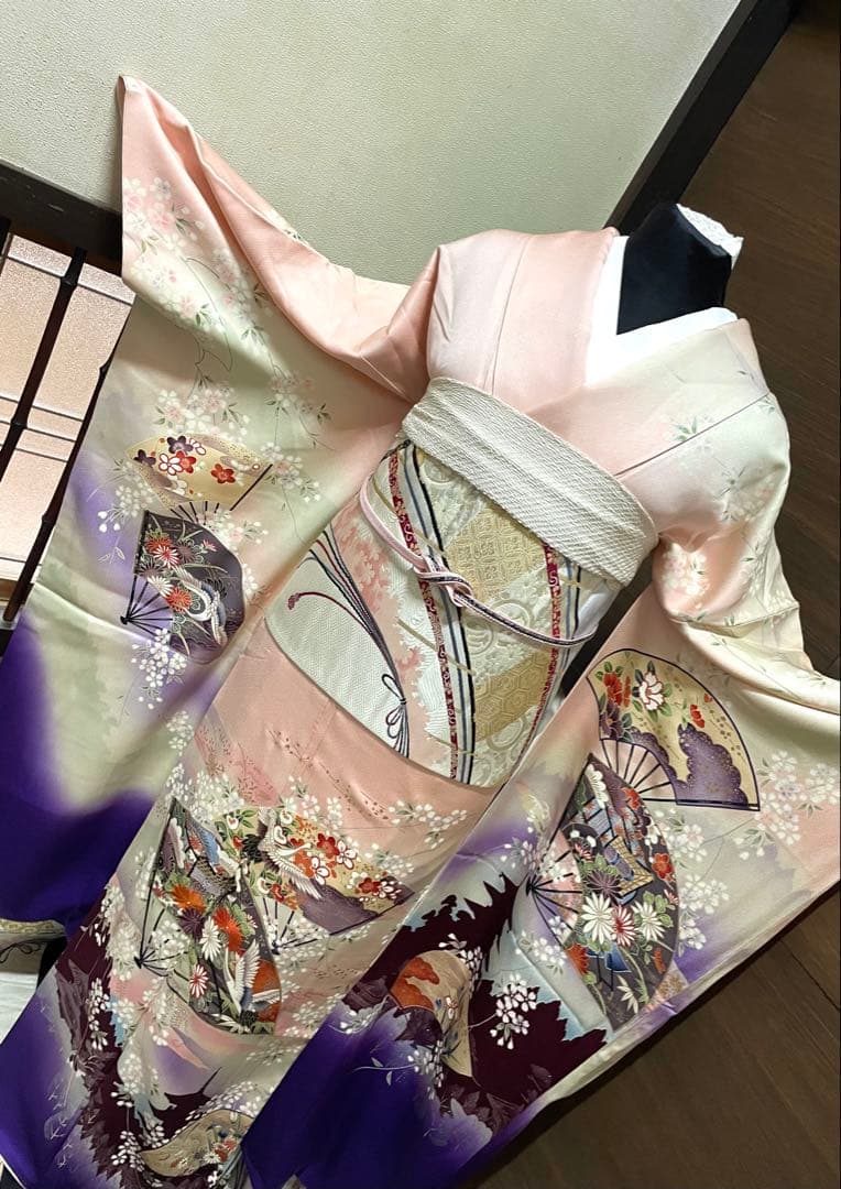 振袖 フルセット6点サイズM〜Ｌ扇子御所車鶴文　暈し染め　金糸　銀彩　正絹