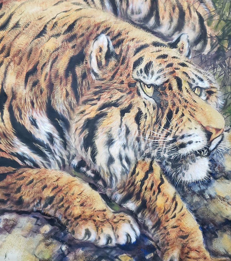 【猛虎双頭図】玉置頼石 2589 トラ 掛け軸　肉筆