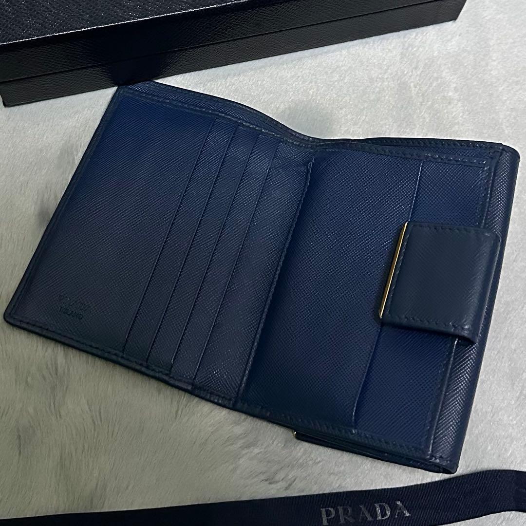 PRADA プラダ　折り財布　ゴールドロゴ ブルー　サフィアーノレザー