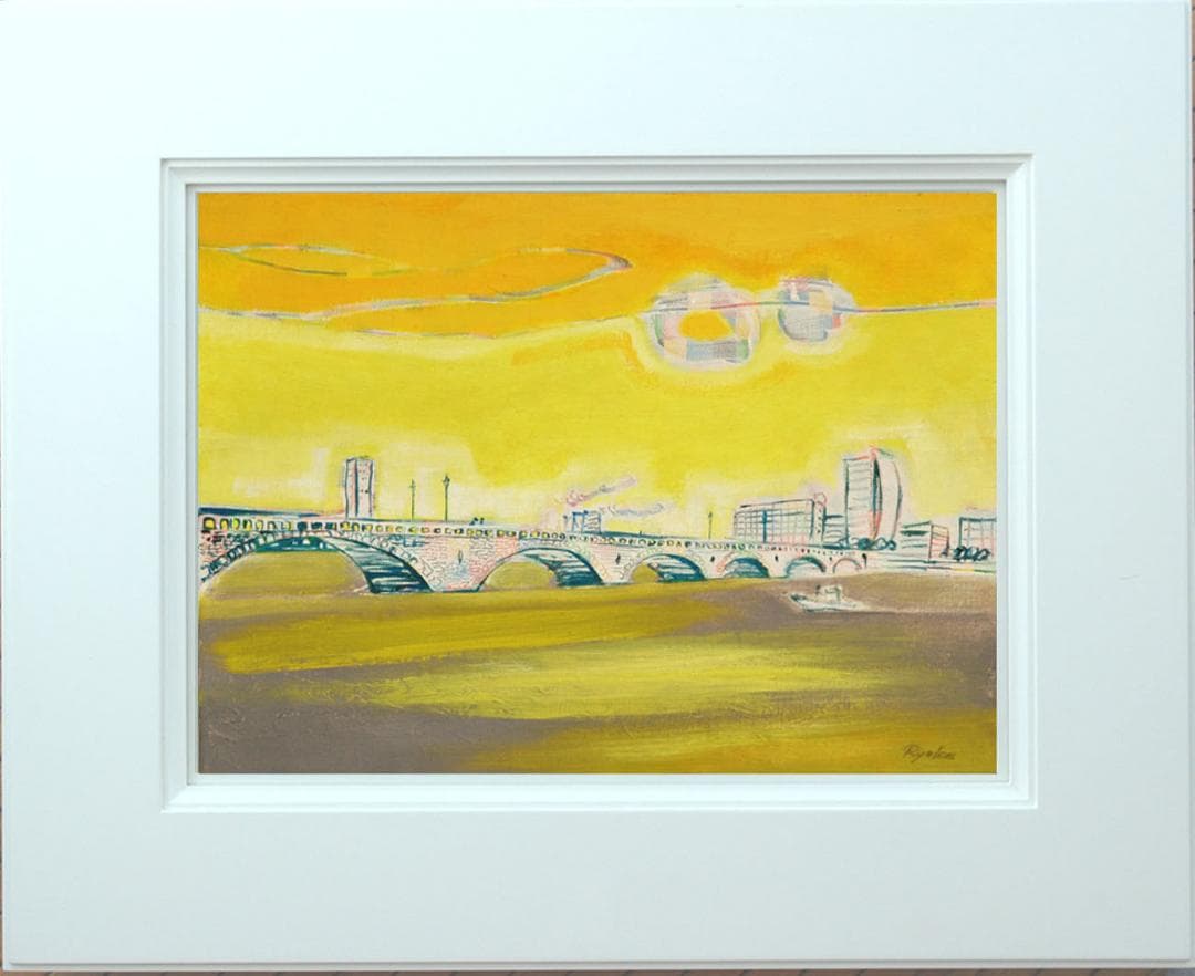 油絵 菅家令子絵画インテリア額付(青緑＋金色の枠)F4-090214風景橋夕朝陽
