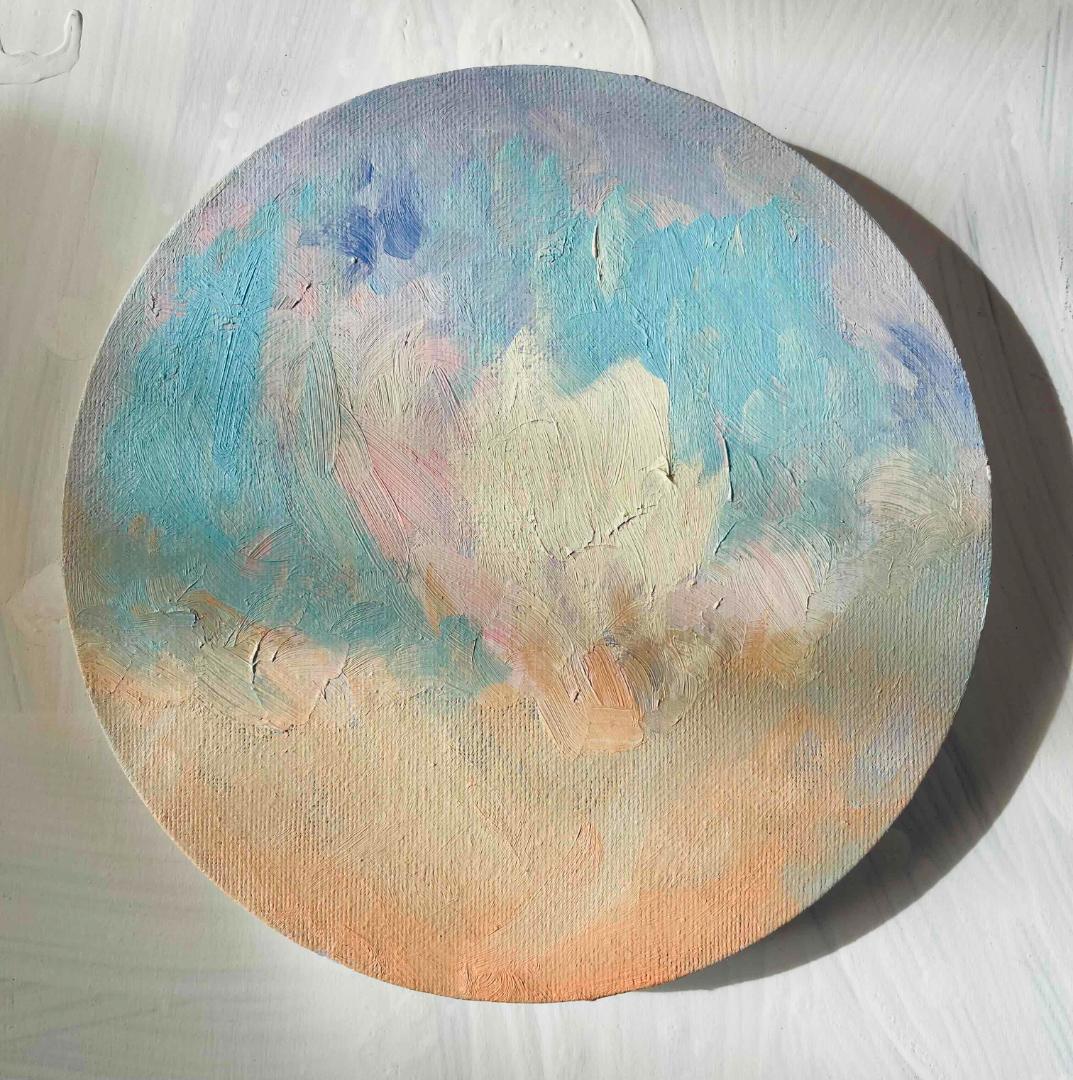 油彩 絵画 『空』丸形アートパネル 直径20cmインテリア 絵画 原画