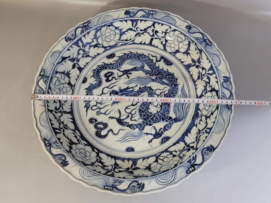 中国古玩 唐物 元青花・白滸孤窯雲龍紋 菱口折沿盤・極細工 古賞物