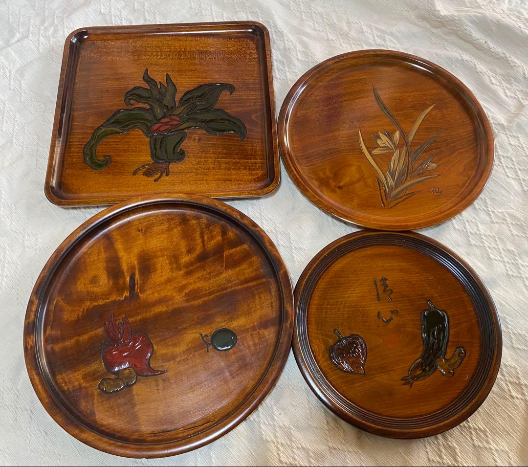 4枚セット 漆器 盆 烏城彫　他