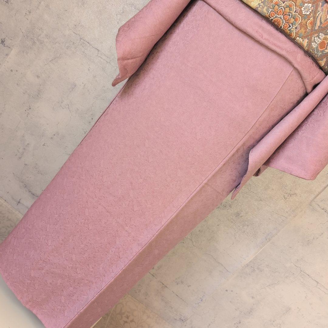 着物＋帯揚げ＋帯締め　色無地　正絹　紫ピンク　地紋　O6