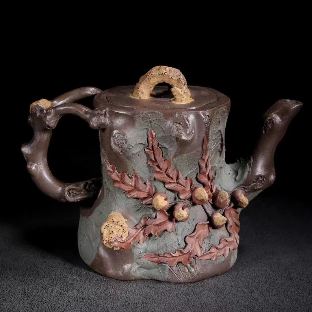 中国古美術・宜興原鉱紫泥 樹桩急須・紫砂壺・底款:蒋蓉・朱泥・急須・茶壺・茶道具