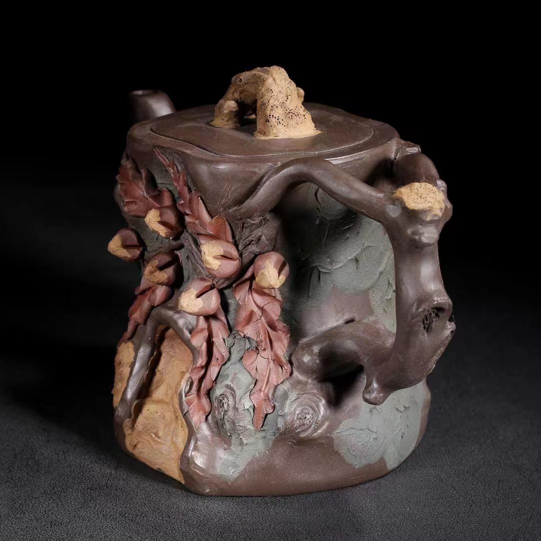 中国古美術・宜興原鉱紫泥 樹桩急須・紫砂壺・底款:蒋蓉・朱泥・急須・茶壺・茶道具