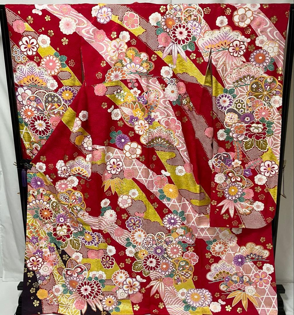 ※C31正絹　振袖　金駒刺繍　金箔　トールサイズ　極美品　着物