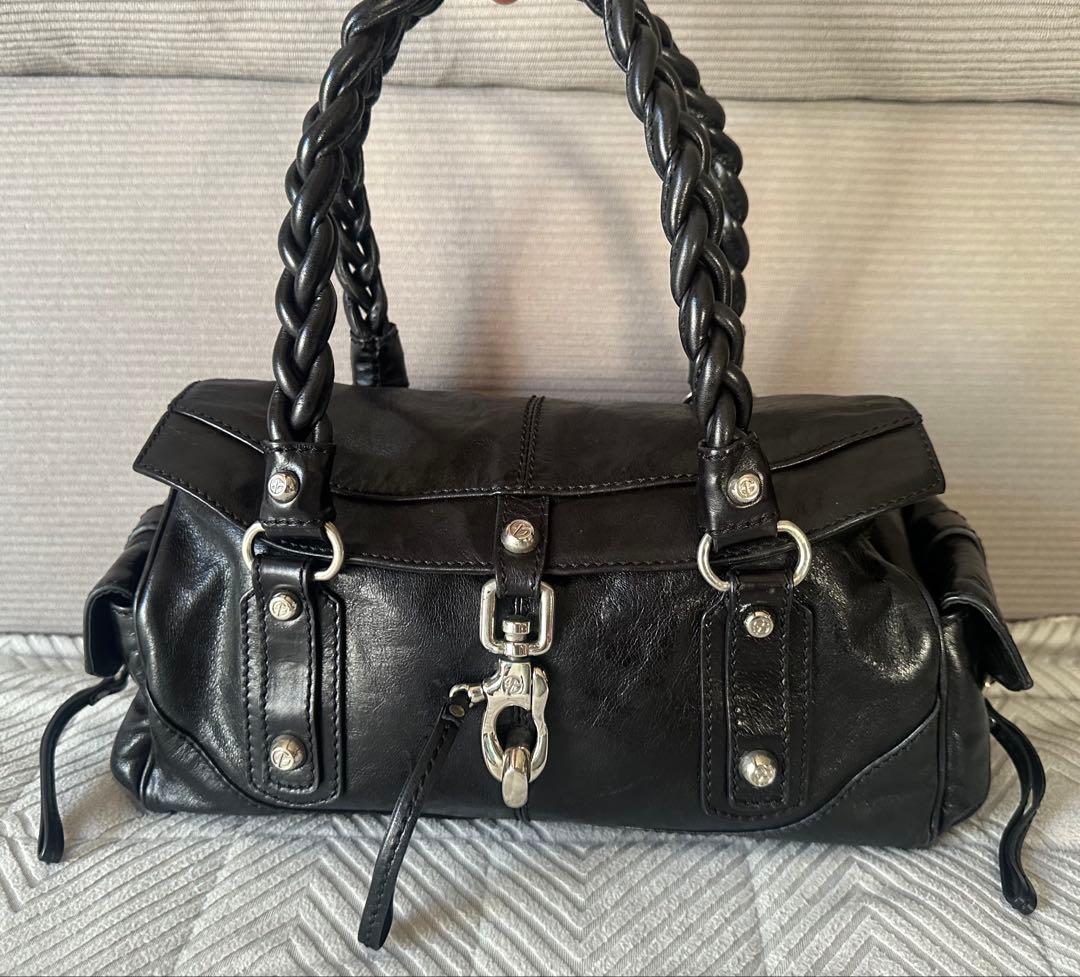 美品 フランチェスコビアジア 編み込みハンドル オールレザーバッグ 黒