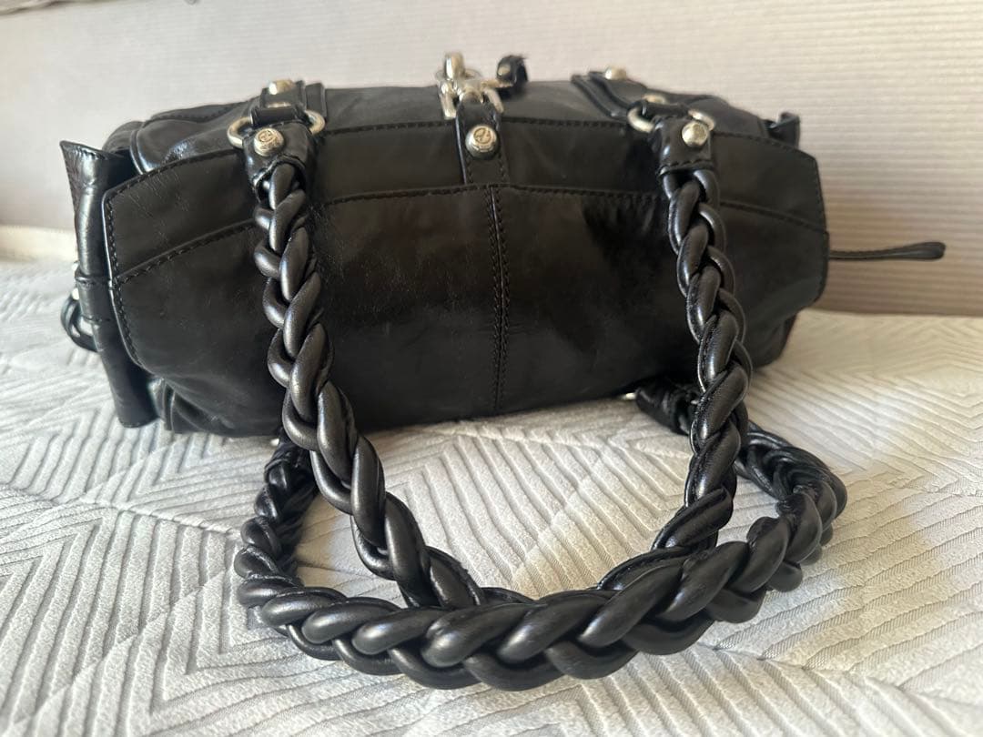 美品 フランチェスコビアジア 編み込みハンドル オールレザーバッグ 黒