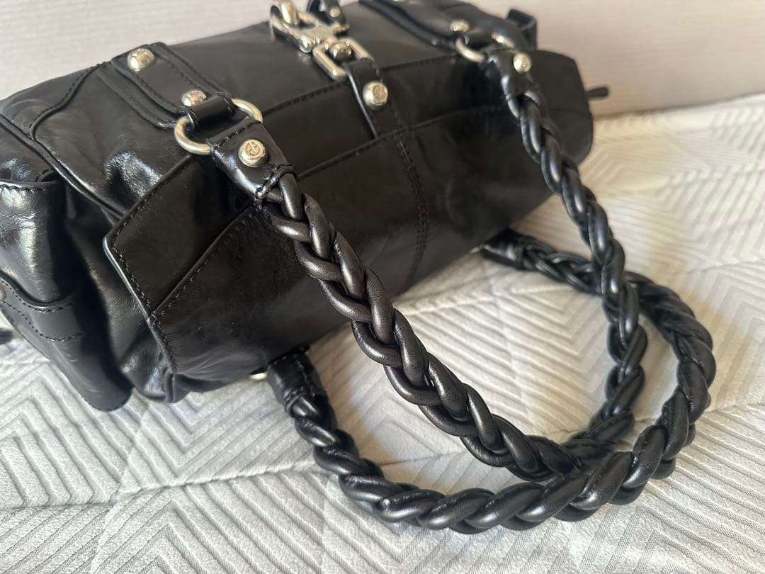 美品 フランチェスコビアジア 編み込みハンドル オールレザーバッグ 黒