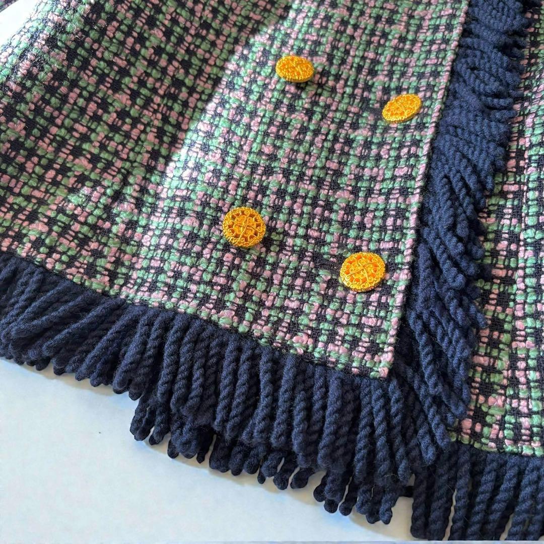 ミックスツイード　バブリースーツ　フリンジ　金ボタン　日本製