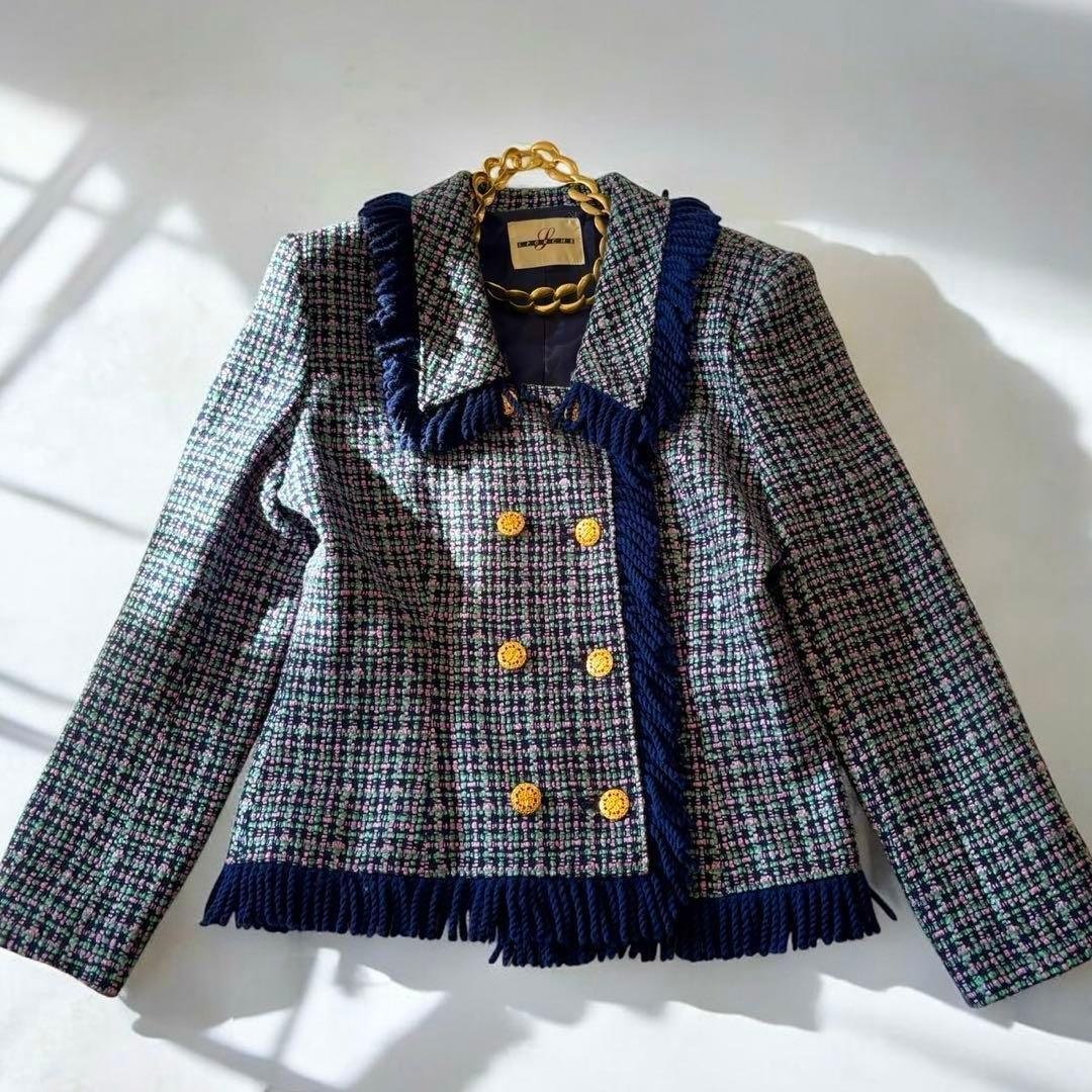 ミックスツイード　バブリースーツ　フリンジ　金ボタン　日本製